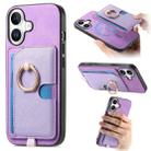 For iPhone 16 Plus Retro Cross Leather Ring Side Insert Card Bag MagSafe Phone Case(Purple) - 1