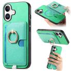 For iPhone 16 Plus Retro Cross Leather Ring Side Insert Card Bag MagSafe Phone Case(Green) - 1