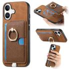 For iPhone 16 Retro Cross Leather Ring Side Insert Card Bag MagSafe Phone Case(Brown) - 1