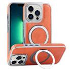 For iPhone 13 Pro Max Plated Leather Grain Rotation MagSafe Holder Phone Case(Orange) - 1
