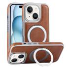 For iPhone 15 Plus Plated Leather Grain Rotation MagSafe Holder Phone Case(Brown) - 1