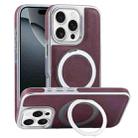 For iPhone 16 Pro Max Plated Leather Grain Rotation MagSafe Holder Phone Case(Dark Red) - 1