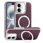 For iPhone 16 Plated Leather Grain Rotation MagSafe Holder Phone Case(Dark Red) - 1