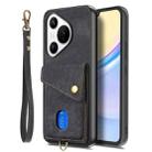 For Huawei Pura 70 Retro Card Wallet Fold Leather Phone Case with Strap(Black) - 2