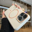 For iPhone 15 Pro Max Orange Ring MagSafe Litchi Grain TPU Phone Case(White) - 1
