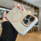 For iPhone 15 Pro Max Orange Ring MagSafe Litchi Grain TPU Phone Case(Gray) - 1