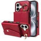 For iPhone 16 Diagonal Crossbody Ring Organ Wallet Leather Back Phone Case(Wine Red) - 1