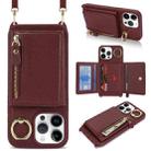 For iPhone 13 Pro Max / 12 Pro Max Crossbody Zipper Wallet Ring Holder Litchi Leather Phone Case(Red wine) - 1