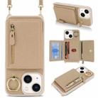 For iPhone 14 / 13 Crossbody Zipper Wallet Ring Holder Litchi Leather Phone Case(Rose Gold) - 1