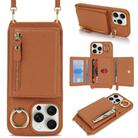 For iPhone 15 Pro Crossbody Zipper Wallet Ring Holder Litchi Leather Phone Case(Brown) - 1