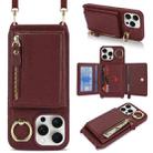 For iPhone 15 Pro Max Crossbody Zipper Wallet Ring Holder Litchi Leather Phone Case(Red wine) - 1