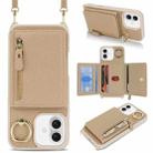 For iPhone 16 Plus Crossbody Zipper Wallet Ring Holder Litchi Leather Phone Case(Rose Gold) - 1