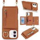 For iPhone 16 Plus Crossbody Zipper Wallet Ring Holder Litchi Leather Phone Case(Brown) - 1