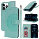 For iPhone 12 Pro Max Double Fold Printed Embossing Leather Phone Case(Mint Green) - 1