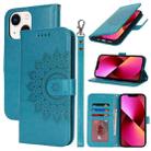 For iPhone 13 Double Fold Printed Embossing Leather Phone Case(Blue) - 1