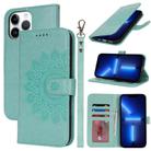 For iPhone 13 Pro Double Fold Printed Embossing Leather Phone Case(Mint Green) - 1
