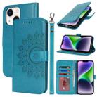For iPnone 14 Double Fold Printed Embossing Leather Phone Case(Blue) - 1