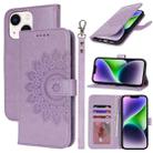 For iPnone 14 Double Fold Printed Embossing Leather Phone Case(Purple) - 1