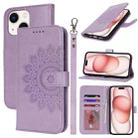 For iPhone 15 Double Fold Printed Embossing Leather Phone Case(Purple) - 1
