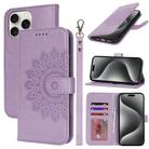 For iPhone 15 Pro Max Double Fold Printed Embossing Leather Phone Case(Purple) - 1