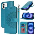 For iPhone 16 Double Fold Printed Embossing Leather Phone Case(Blue) - 1