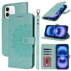 For iPhone 16 Double Fold Printed Embossing Leather Phone Case(Mint Green) - 1
