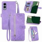 For Fujitsu Arrows We2 / F-52E Embossed Flower Zipper Leather Phone Case(Purple) - 1