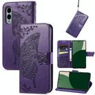 For Fujitsu Arrows We2 Plus / F-51E Butterfly Love Flower Embossed Leather Phone Case(Purple) - 1