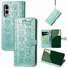 For Fujitsu Arrows We2 / F-52E Cat and Dog Embossed Leather Phone Case(Green) - 1