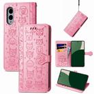 For Fujitsu Arrows We2 Plus / F-51E Cat and Dog Embossed Leather Phone Case(Pink) - 1