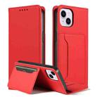 For iPhone 14 Plus Magnetism Skin Feel Card Holder Leather Phone Case(red) - 1