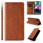 For iPhone 14 Braided Embossed Strong Magnetic Leather Phone Case(Brown) - 1