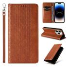 For iPhone 14 Pro Max Braided Embossed Strong Magnetic Leather Phone Case(Brown) - 1