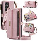 For Samsung Galaxy S22 Ultra 5G CaseMe C39 RFID Blocking Zipper Wallet Leather Phone Case with Crossbody Strap(Pink) - 1