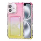 For iPhone 16 Plus Gradient 3-in-1 Card Bag TPU Shockproof Phone Case(Pink Yellow) - 1