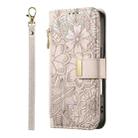 For iPhone 16 Flowers Leaves Zipper Wallet Leather Phone Case with Strap(Khaki) - 2