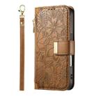For iPhone 16 Flowers Leaves Zipper Wallet Leather Phone Case with Strap(Brown) - 2