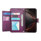 For iPhone 16 Flowers Leaves Zipper Wallet Leather Phone Case with Strap(Purple) - 3