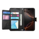 For iPhone 16 Flowers Leaves Zipper Wallet Leather Phone Case with Strap(Black) - 3