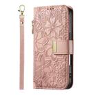 For iPhone 16 Plus Flowers Leaves Zipper Wallet Leather Phone Case with Strap(Pink) - 2