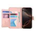 For iPhone 16 Plus Flowers Leaves Zipper Wallet Leather Phone Case with Strap(Pink) - 3