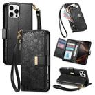 For iPhone 16 Pro Flowers Leaves Zipper Wallet Leather Phone Case with Strap(Black) - 1