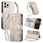 For iPhone 16 Pro Max Flowers Leaves Zipper Wallet Leather Phone Case with Strap(Khaki) - 1