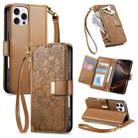 For iPhone 16 Pro Max Flowers Leaves Zipper Wallet Leather Phone Case with Strap(Brown) - 1