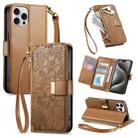 For iPhone 15 Pro Flowers Leaves Zipper Wallet Leather Phone Case with Strap(Brown) - 1