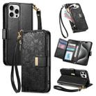 For iPhone 15 Pro Flowers Leaves Zipper Wallet Leather Phone Case with Strap(Black) - 1