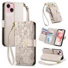 For iPhone 15 Plus Flowers Leaves Zipper Wallet Leather Phone Case with Strap(Khaki) - 1