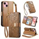 For iPhone 15 Plus Flowers Leaves Zipper Wallet Leather Phone Case with Strap(Brown) - 1