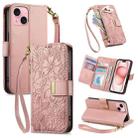 For iPhone 15 Plus Flowers Leaves Zipper Wallet Leather Phone Case with Strap(Pink) - 1