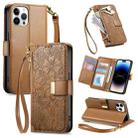 For iPhone 14 Pro Flowers Leaves Zipper Wallet Leather Phone Case with Strap(Brown) - 1